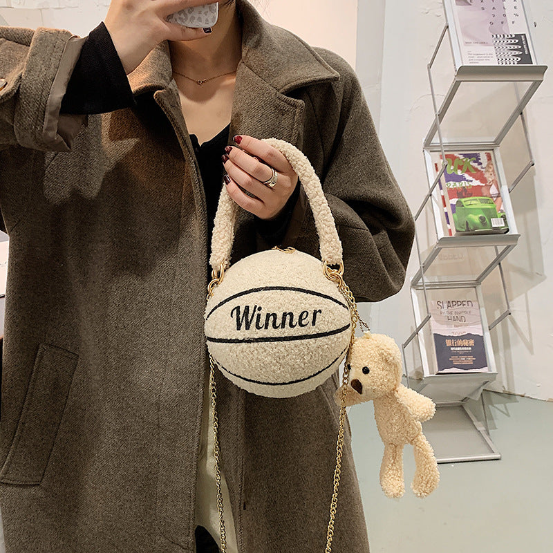 Lamb Wool Basketball Bag – Cute Plush Round Crossbody