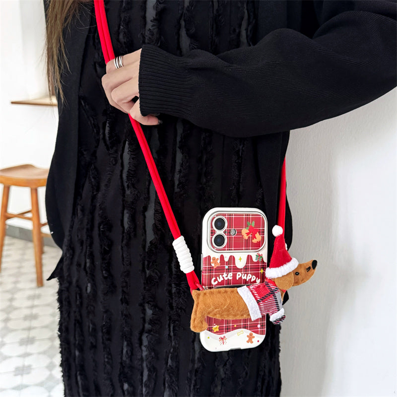 Christmas Red Plaid Phone Case — With Optional Dachshund Crossbody Clip (13-16)