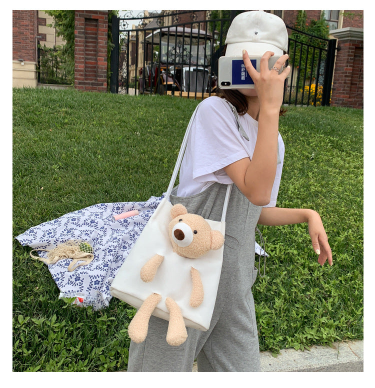 Canvas Shoulder Bag with Lamb Fur Bear Ornament