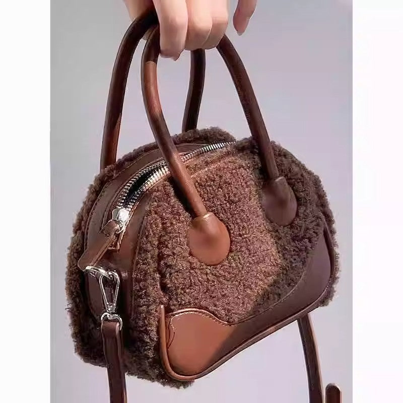 Brown Lamb Wool Horizontal Square Bag
