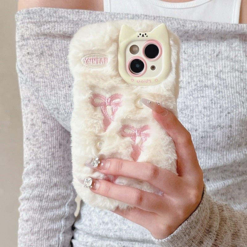 Cute Plush Phone Case with Bow and Pearls (11-17)