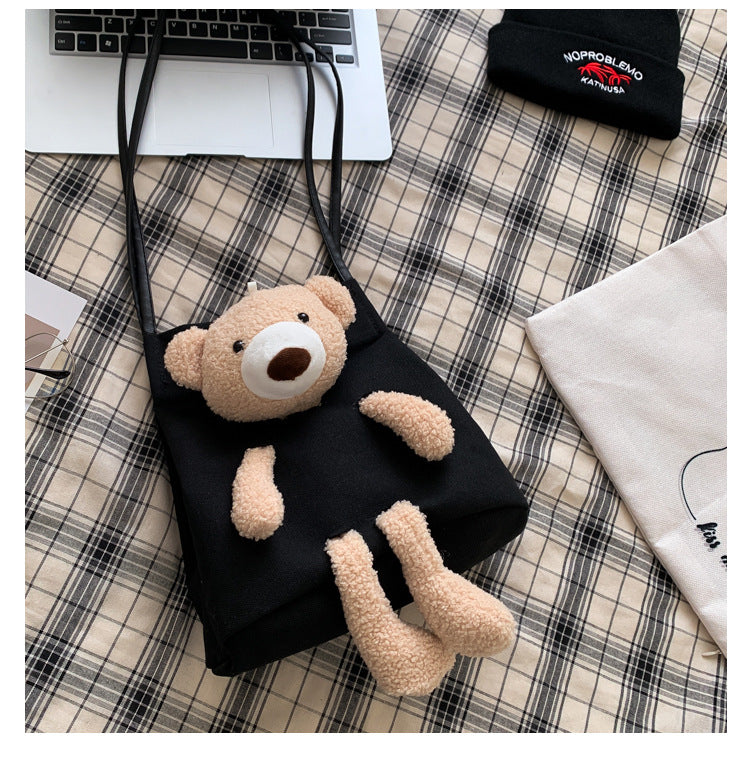 Canvas Shoulder Bag with Lamb Fur Bear Ornament
