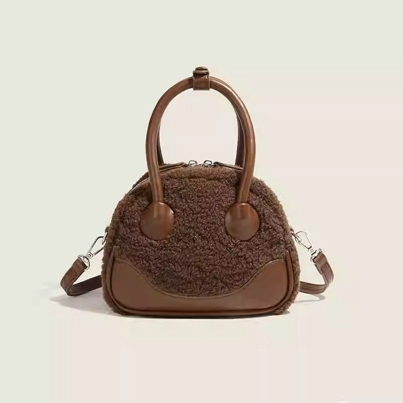 Brown Lamb Wool Horizontal Square Bag