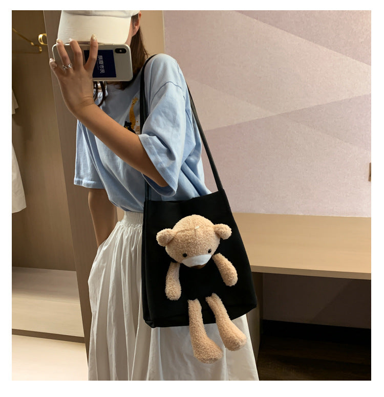 Canvas Shoulder Bag with Lamb Fur Bear Ornament