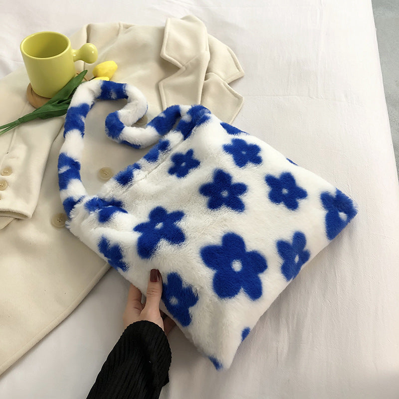 Floral Contrast Plush Large Capacity Shoulder Bag