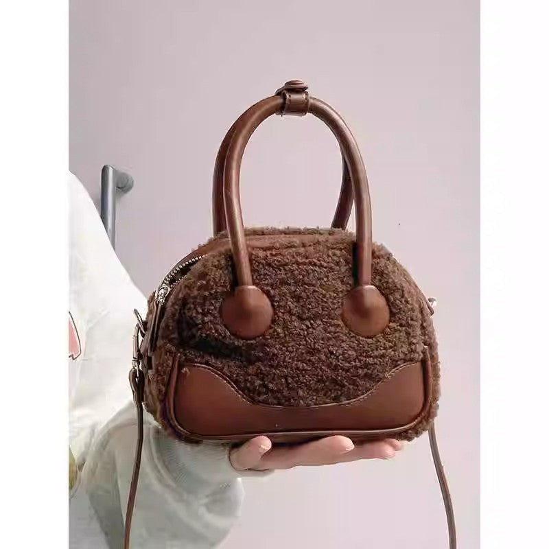 Brown Lamb Wool Horizontal Square Bag