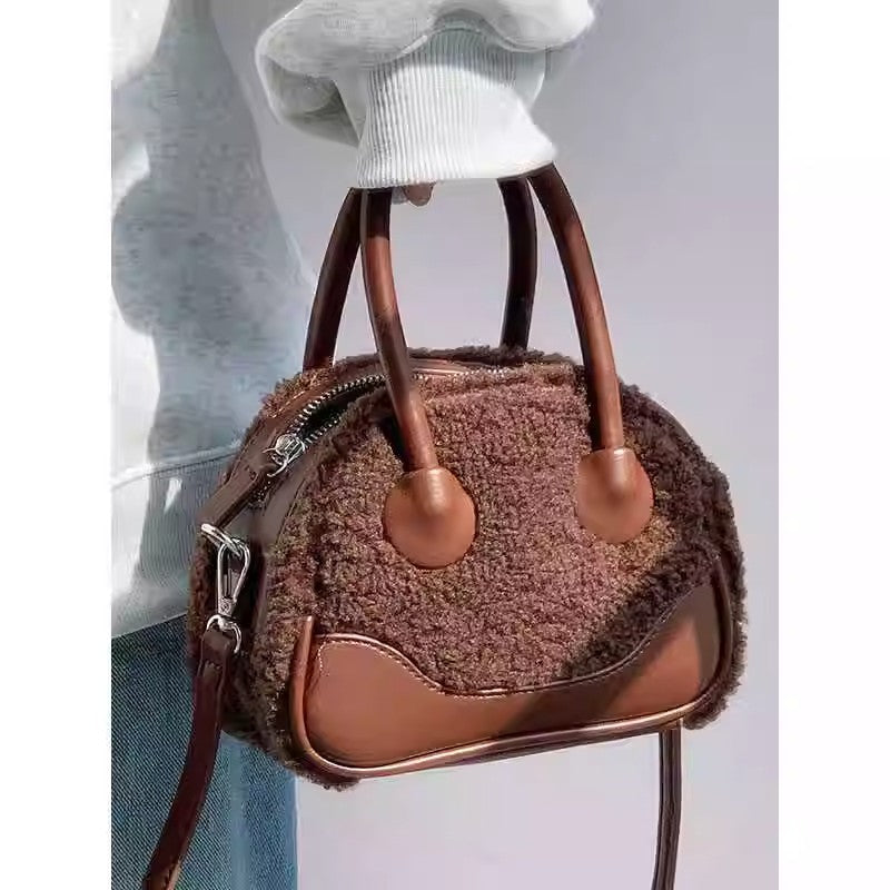 Brown Lamb Wool Horizontal Square Bag