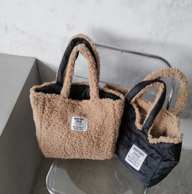 Winter Lamb Wool Handbag – Large Capacity, Reversible Plush Tote