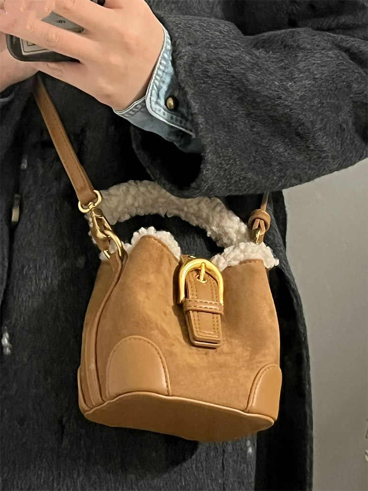 Brown Fabric Mini Bucket Bag