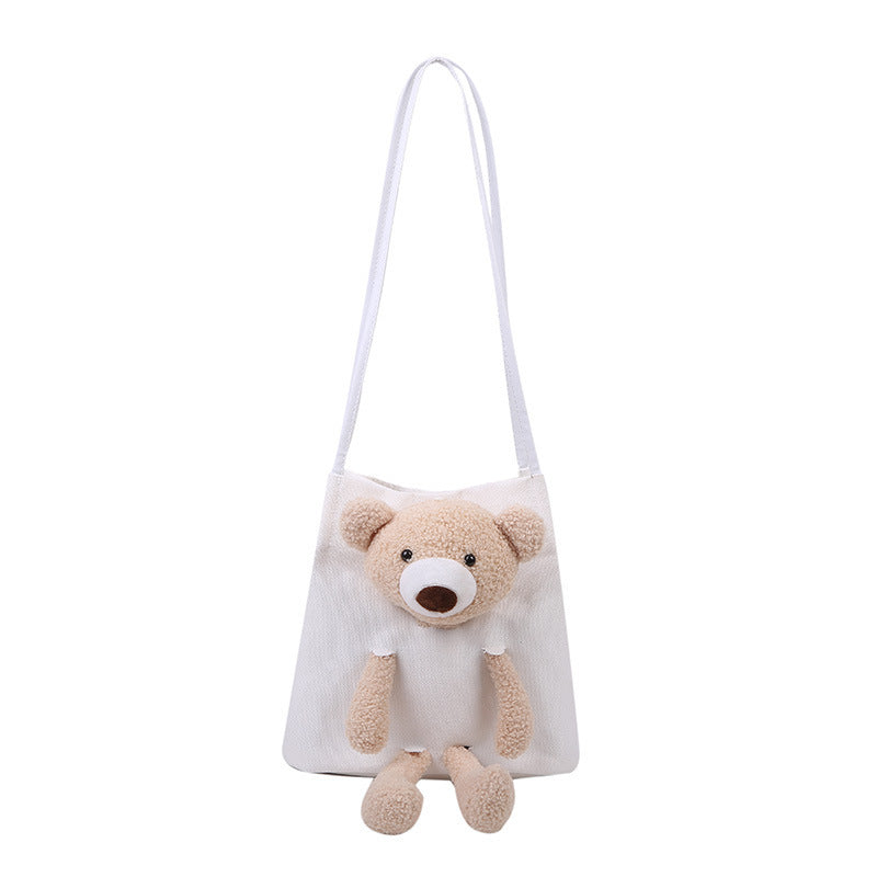 Canvas Shoulder Bag with Lamb Fur Bear Ornament