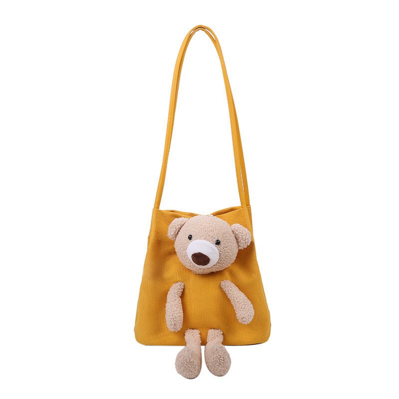 Canvas Shoulder Bag with Lamb Fur Bear Ornament