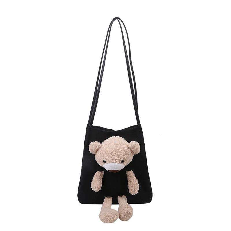 Canvas Shoulder Bag with Lamb Fur Bear Ornament