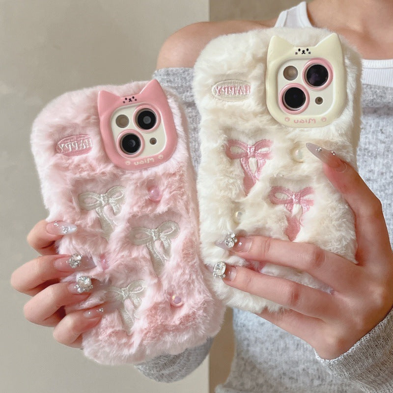 Cute Plush Phone Case with Bow and Pearls (11-17)