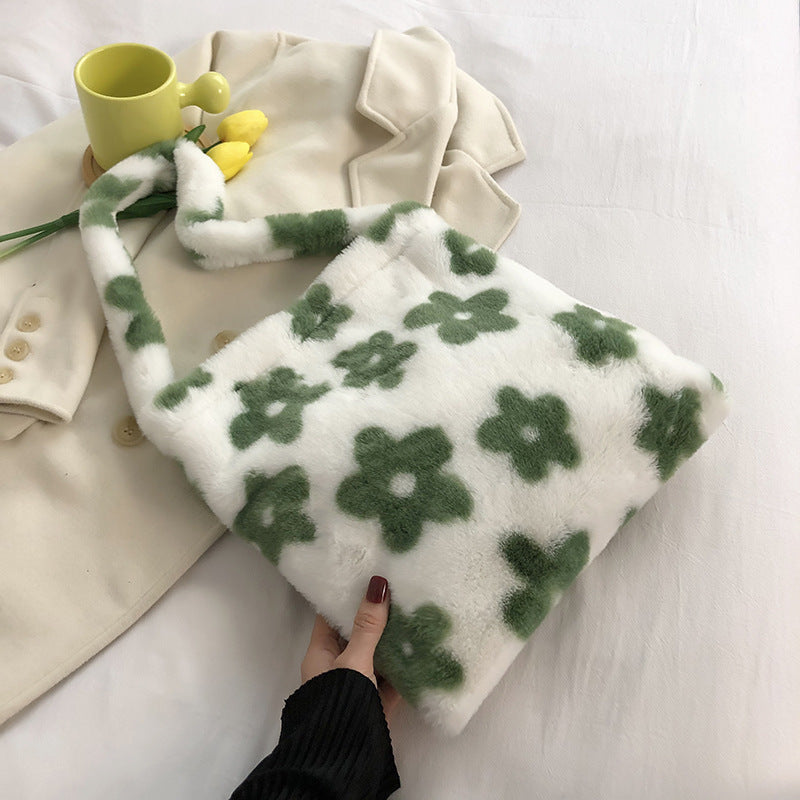 Floral Contrast Plush Large Capacity Shoulder Bag