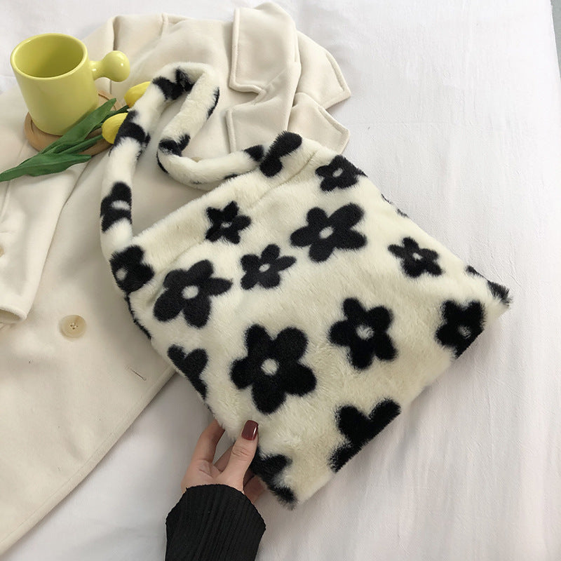 Floral Contrast Plush Large Capacity Shoulder Bag