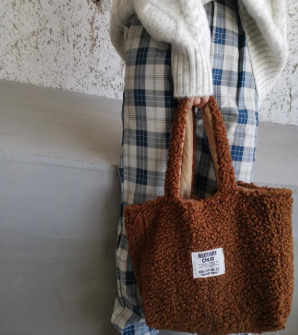 Winter Lamb Wool Handbag – Large Capacity, Reversible Plush Tote