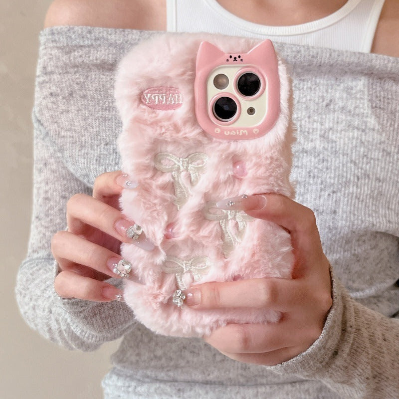 Cute Plush Phone Case with Bow and Pearls (11-17)